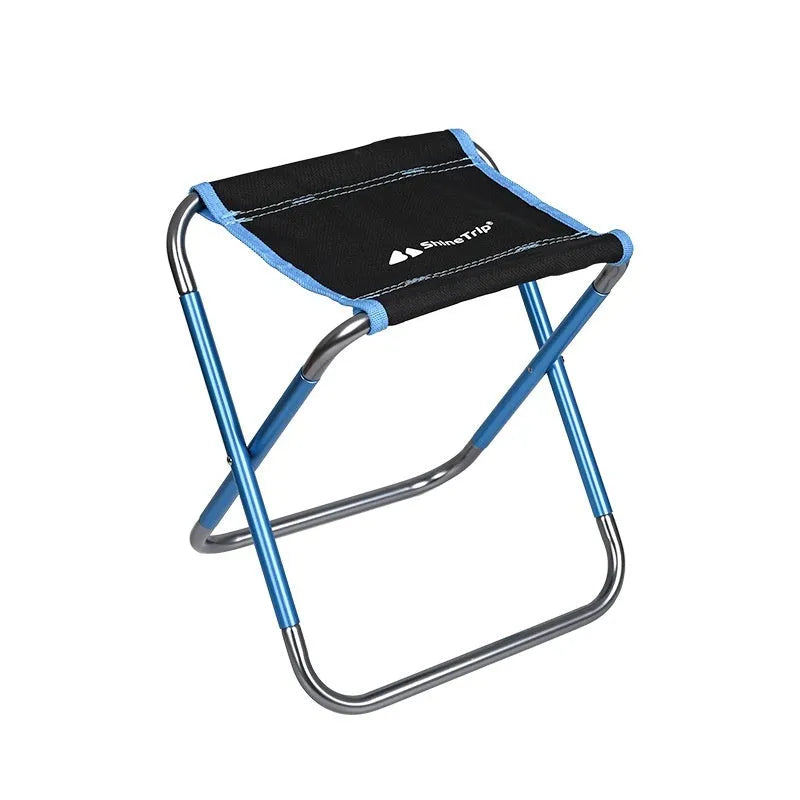 Black aluminium alloy folding stool in a folded and unfolded state, showing ethnic style details.