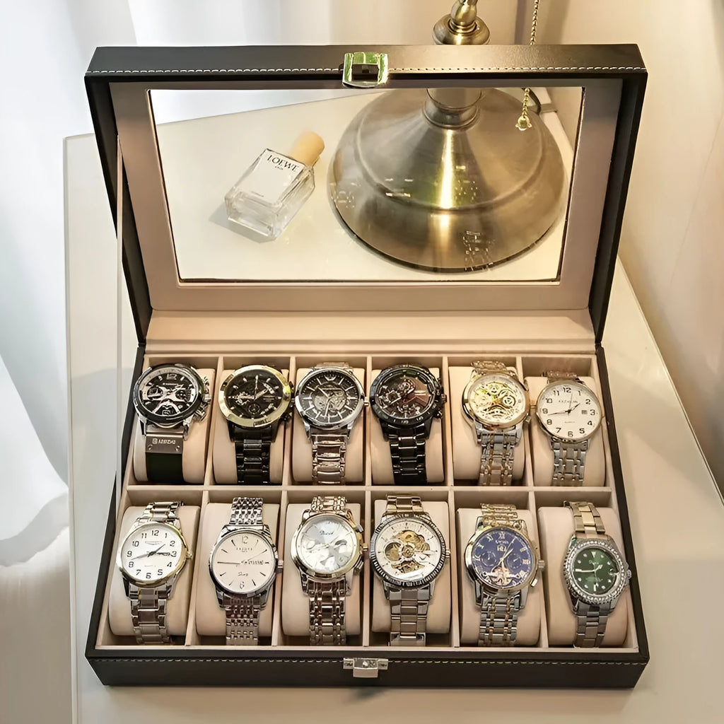 Grey high-grade leather watch storage box with see-through dustproof lid, showing watch slots inside.