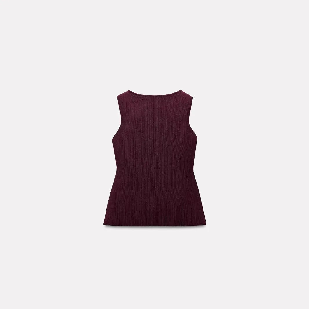 Women's slim fit gold button cardigan vest in viscose fibre, available dark red or white