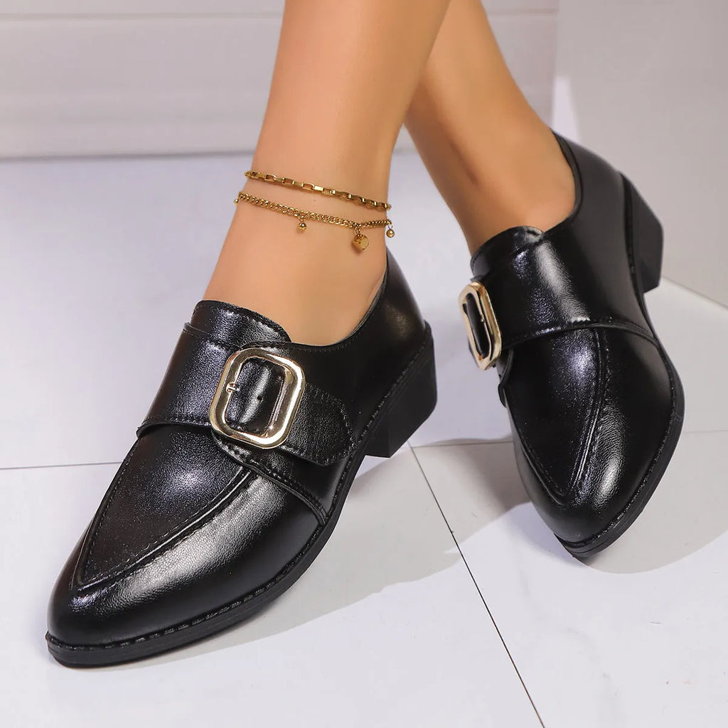 Women's British-style leather shoes with bow decoration and pointed toe