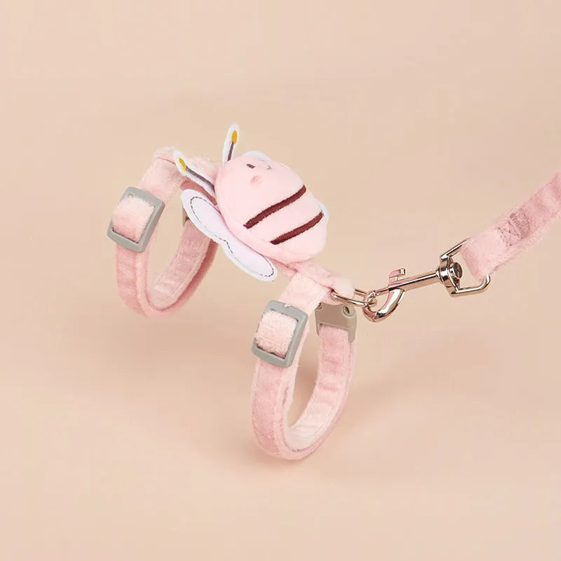 Bee-shaped adjustable cat harness and lead set in pink, yellow, or blue on a white background