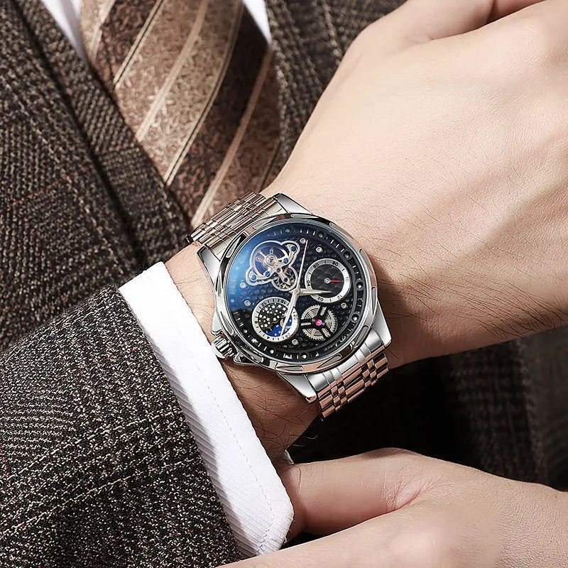 Men's waterproof automatic watch with luminous hands on a steel bracelet and black dial.