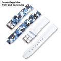Green camouflage silicone watch strap showing 20mm width and 5mm thickness