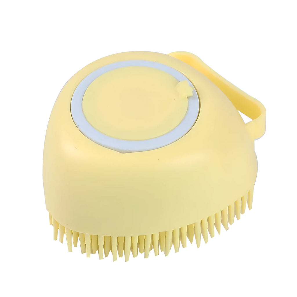 Blue silicone dog bath brush with finger grip handle for washing and massaging