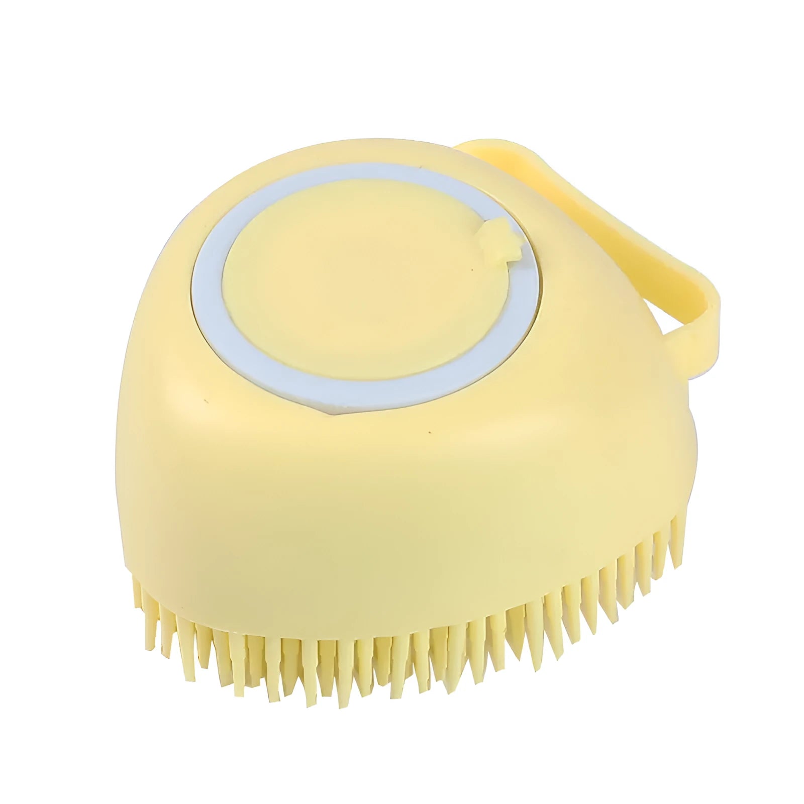 Blue silicone dog bath brush with finger grip handle for washing and massaging