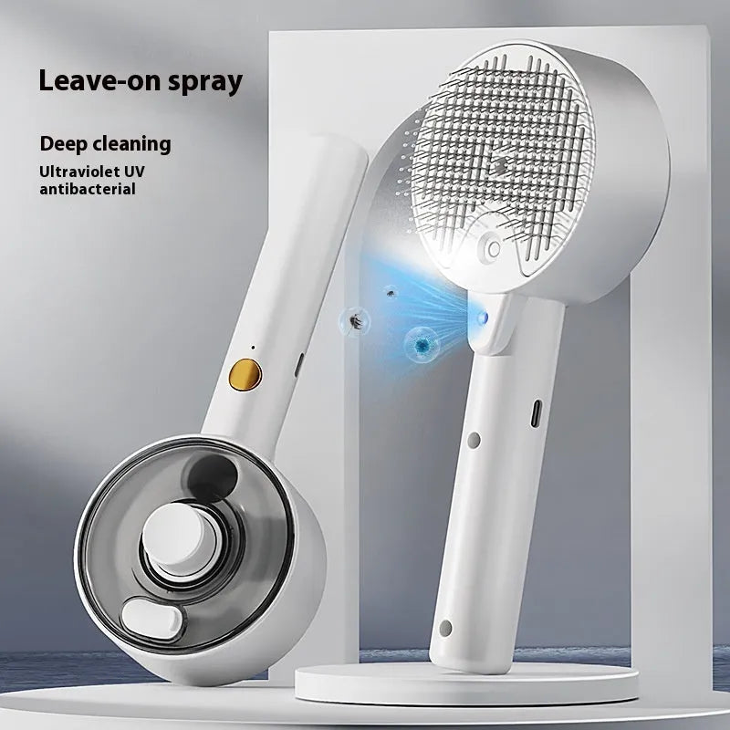 Ceramic white pet grooming brush with UVC light, spray nozzle, and fine soft needles for dogs and cats