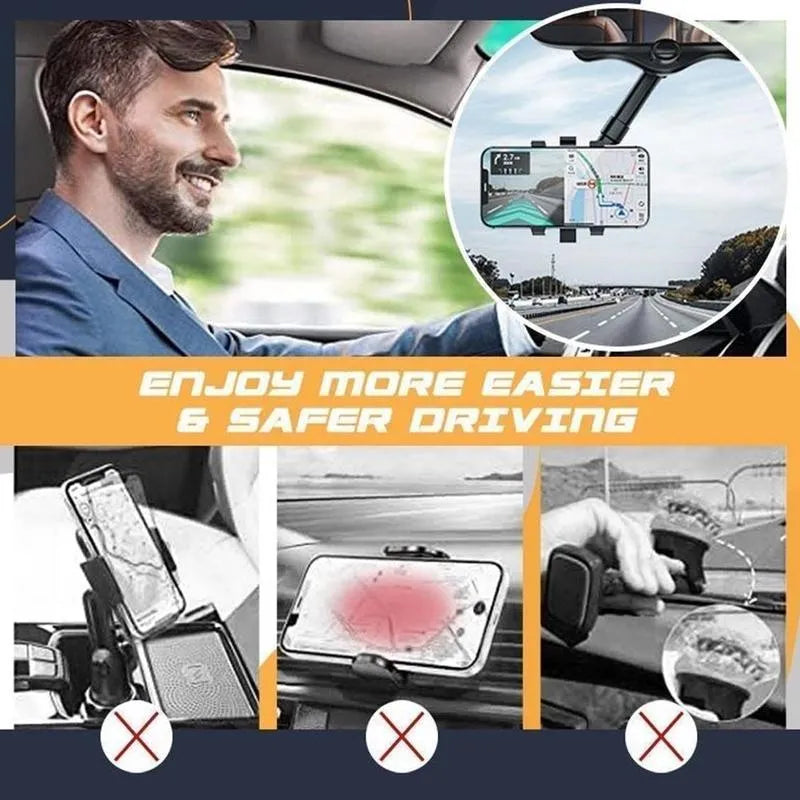 Black rearview mirror car phone holder with rotating head and telescopic arm extended