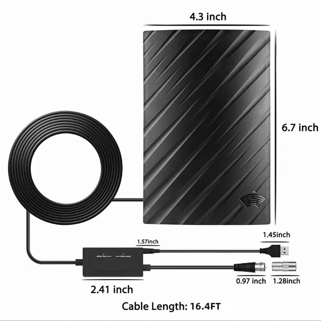 Black HD digital television antenna with mounting accessories including expansion tubes, screws, cable ties and adhesive tape