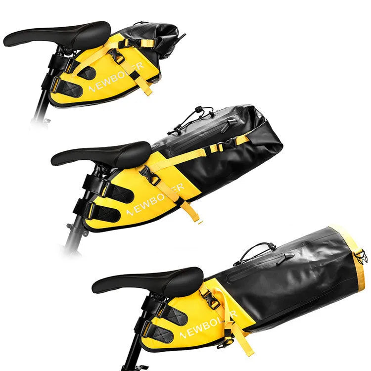 Waterproof PVC bicycle tail bag in yellow, black, or green, showing 13L capacity and dimensions.
