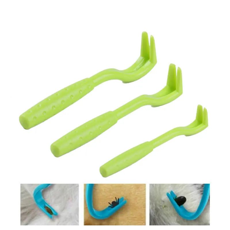 Three plastic tick removal clips for pets in blue and green on a white background.