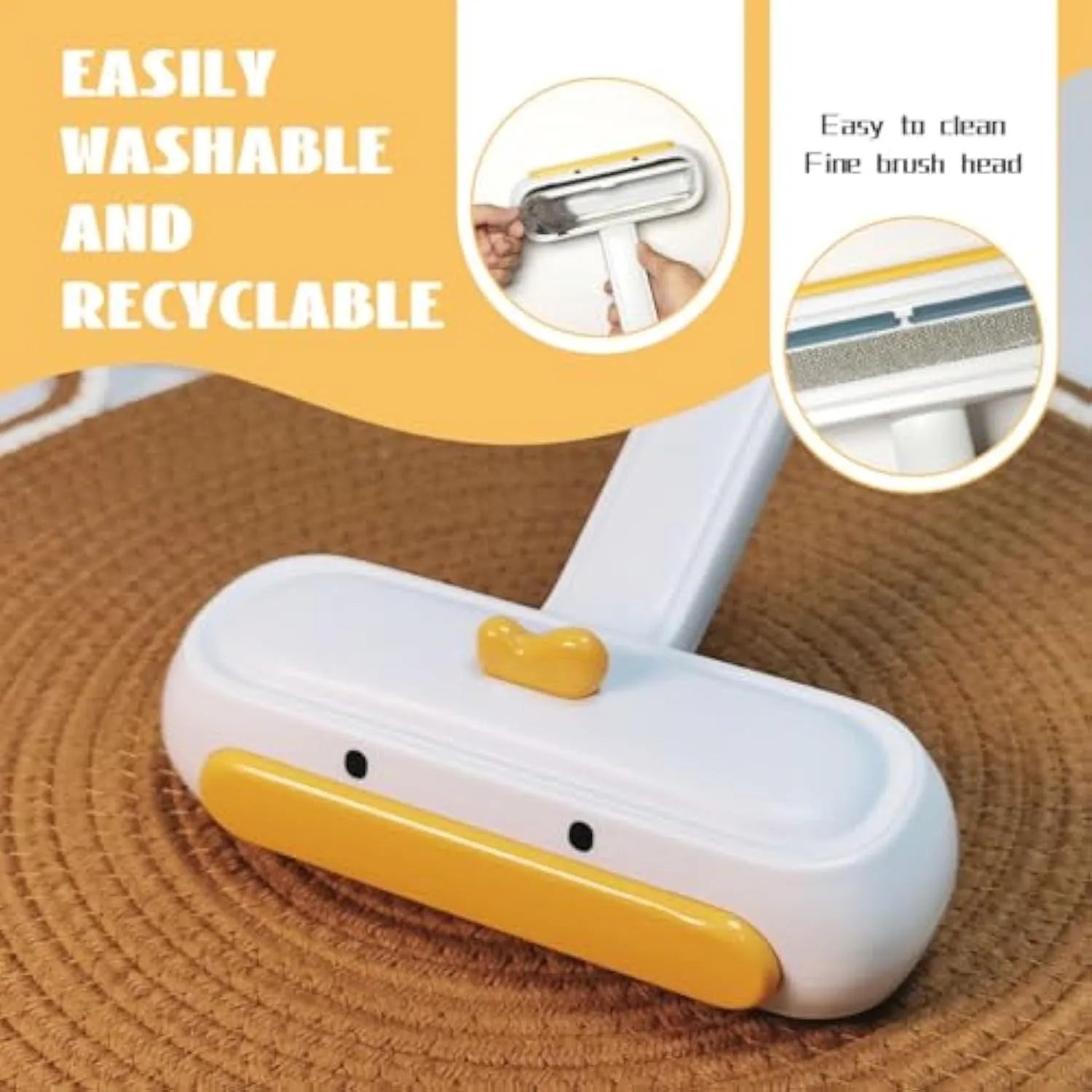 Portable pet hair remover with yellow duck design and reusable brush roller for furniture car seats clothing