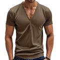 Men's loose-fit solid colour V-neck pullover with button detail on a hanger