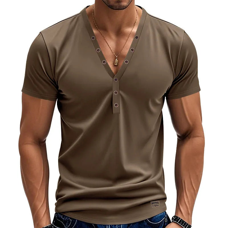 Men's loose-fit solid colour V-neck pullover with button detail on a hanger