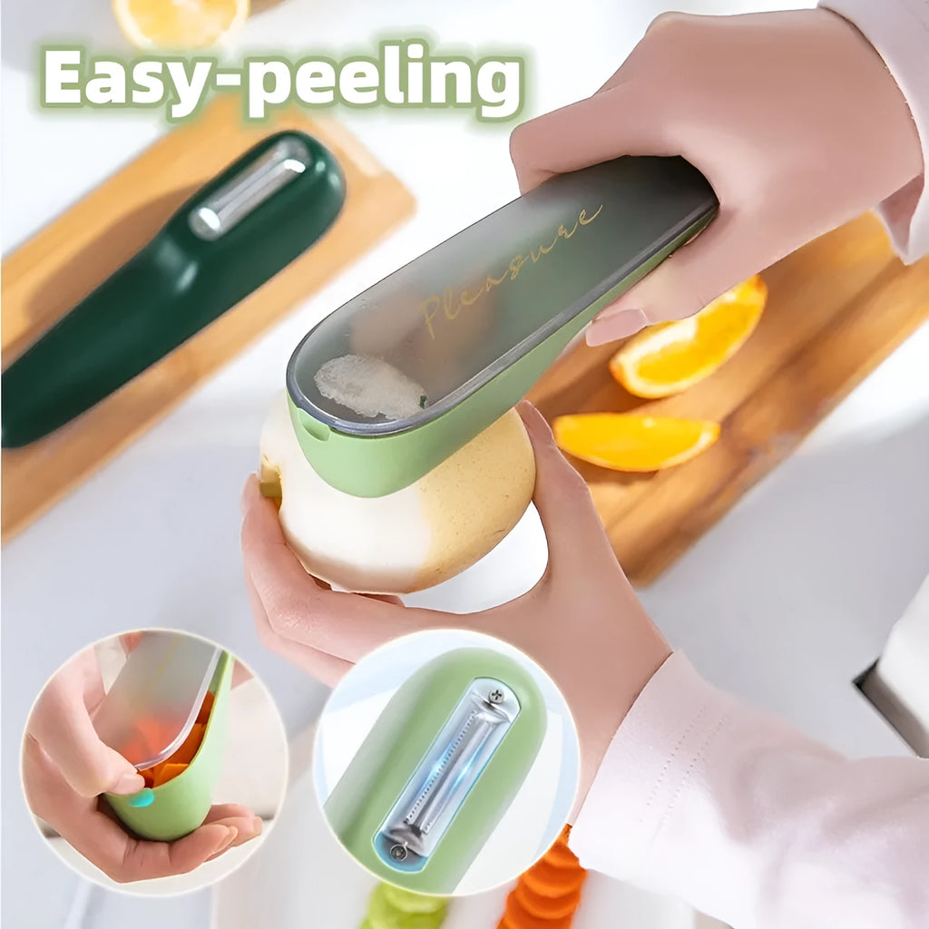 Dark green stainless steel vegetable peeler with integrated storage box and non-slip handle for kitchen use