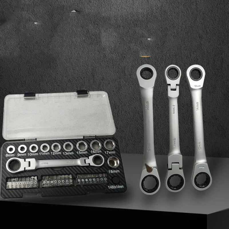 Two-way ratchet wrench set with sockets and batch heads for mechanical maintenance