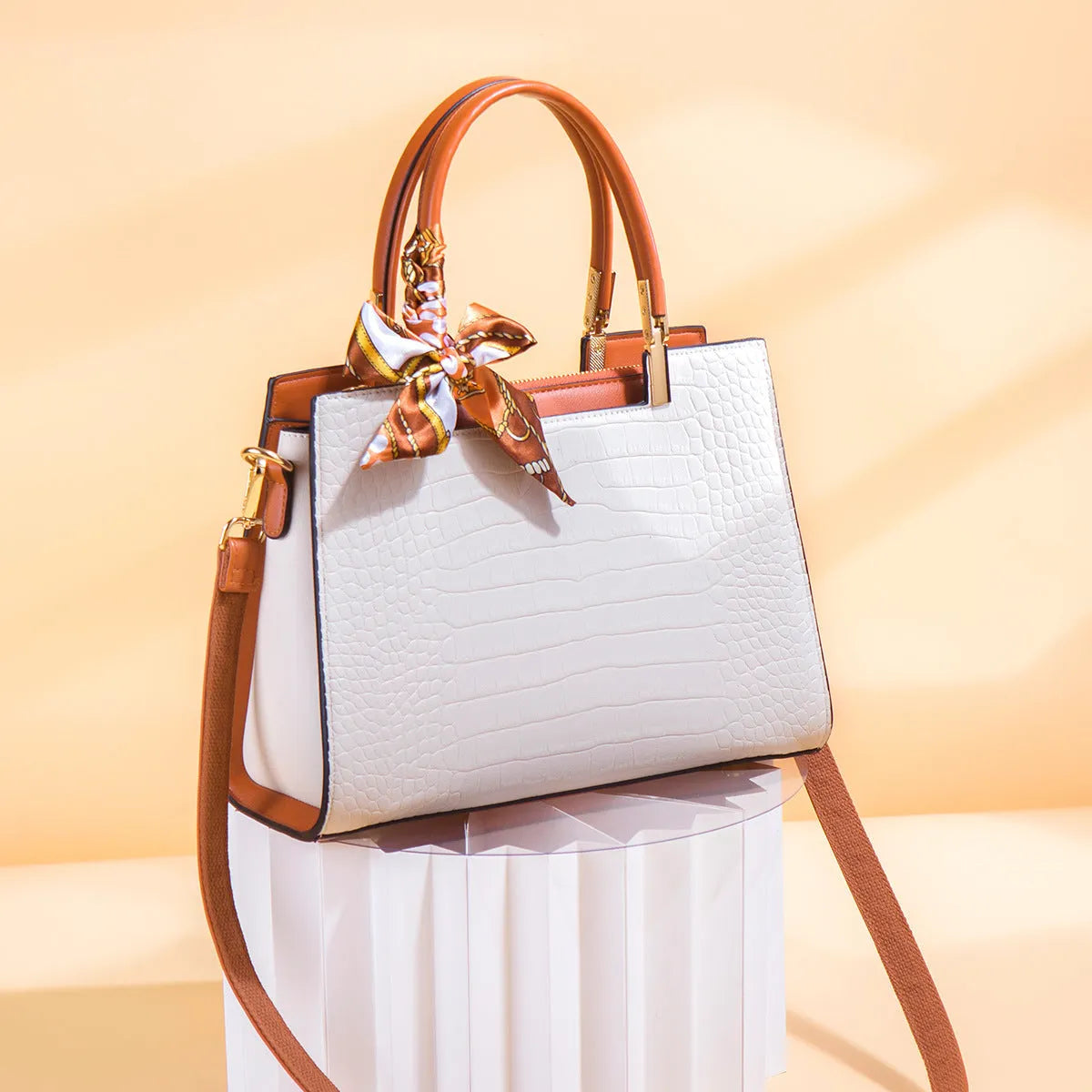 Milky white women's PU leather shoulder handbag with horizontal square shape and sewing line details