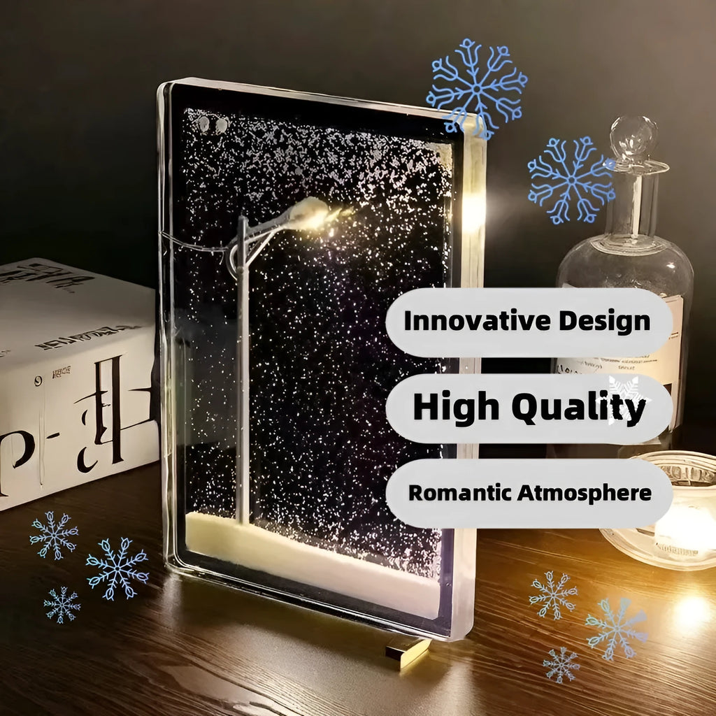 DIY snowy landscape night light kit components with snowflake design and LED lighting for Christmas desktop decor