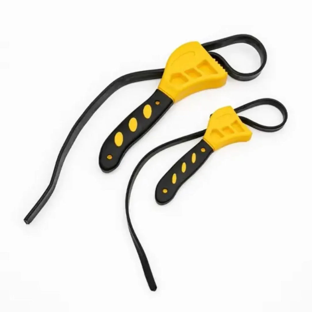 A 6-inch and an 8-inch adjustable rubber strap wrench with a plastic handle and phosphated metal parts.