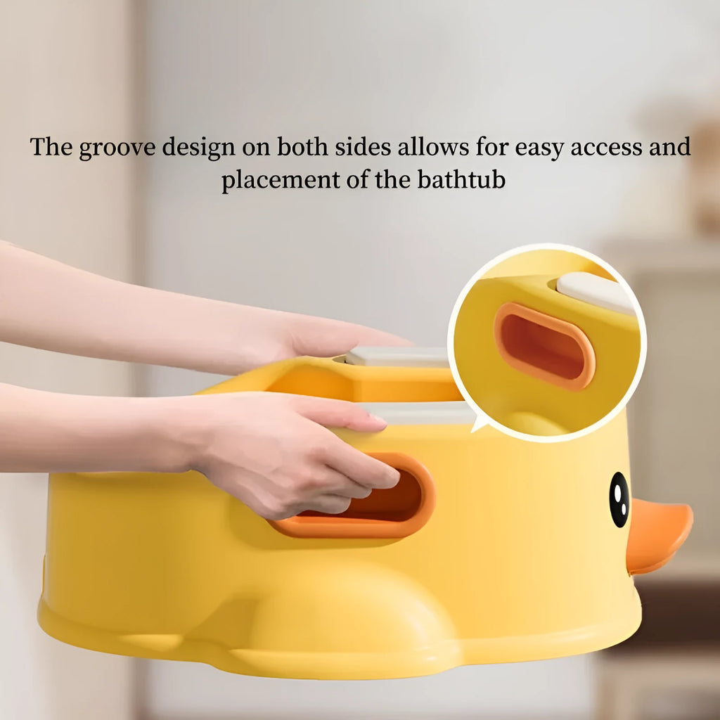 Blue PVC pet bath tub shaped like a duck for washing dogs and cats, shown on a bathroom floor.