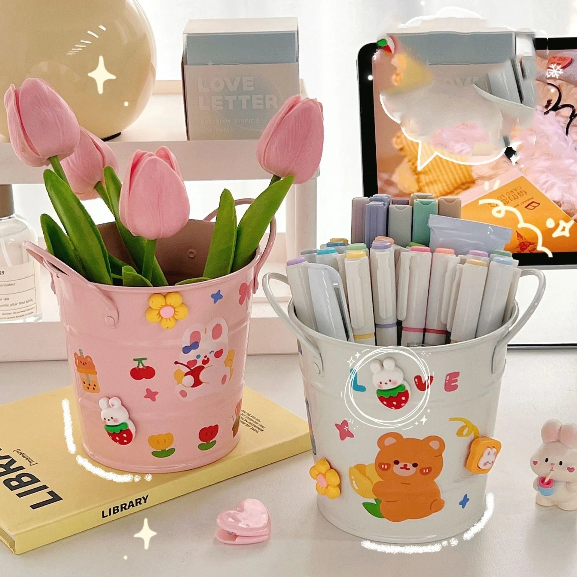 Round metal pen holder with creative iron art design in various colour options