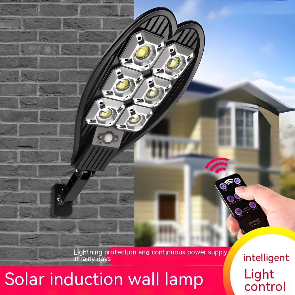 6-eye outdoor solar garden lamp with remote control, polycrystalline silicon solar panel, and white illumination