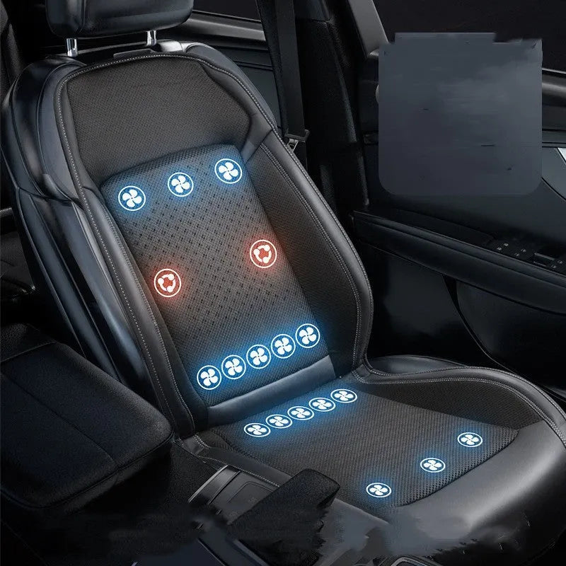 Black car seat cooling pad with minimalist design showing USB power connection