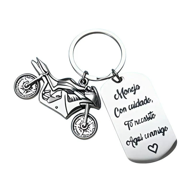 Stainless steel motorcycle keychain with modern design and included flannel bag.