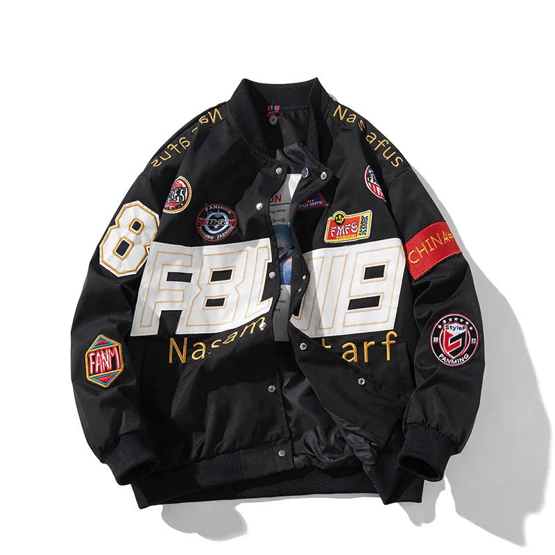 American motorcycle baseball uniform in black with removable hood and side pockets