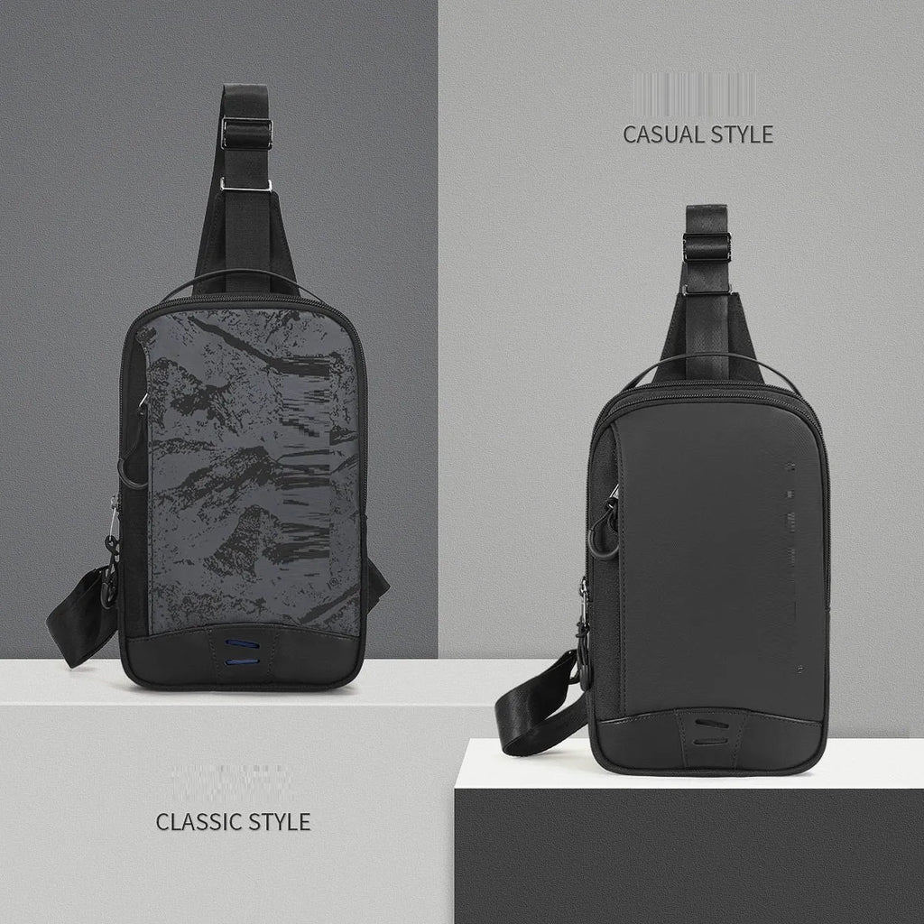 Casual black TPU camouflage chest bag with a soft handle and single shoulder strap.