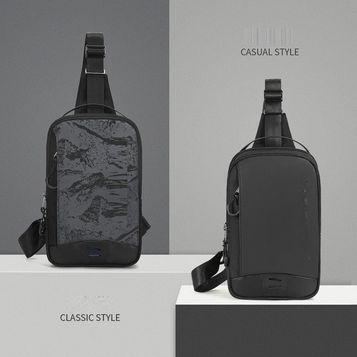 Casual black TPU camouflage chest bag with a soft handle and single shoulder strap.