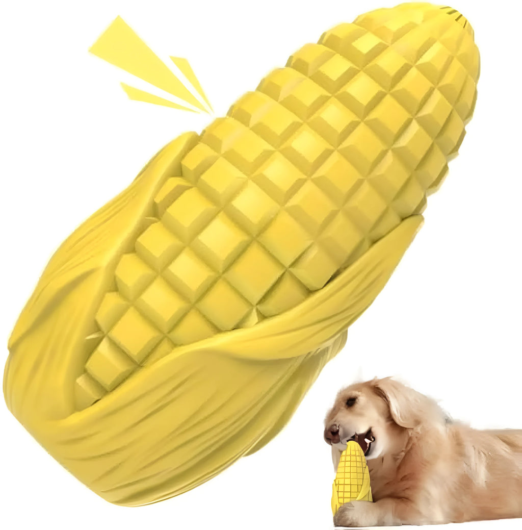 Blue and yellow corn stick dog chew toy for aggressive chewers with textured surface