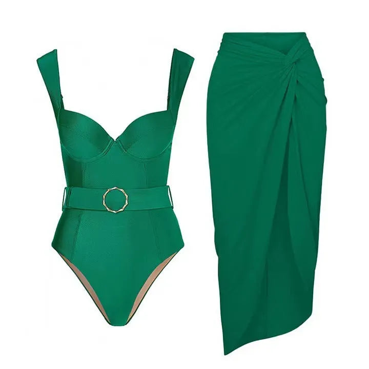 Women's one-piece swimsuit with gauze skirt in polyester fabric