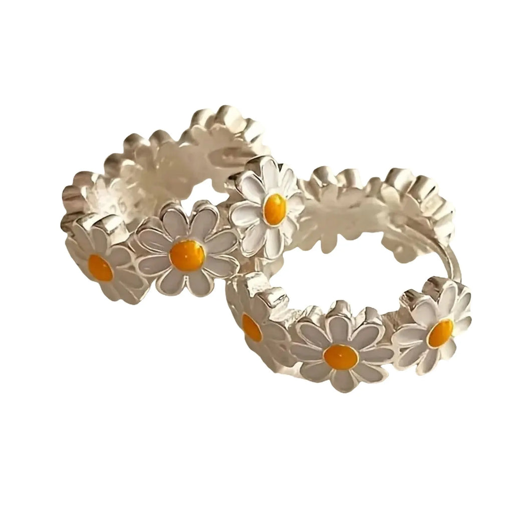 White daisy flower ring earrings with platinum gem setting on electroplated copper