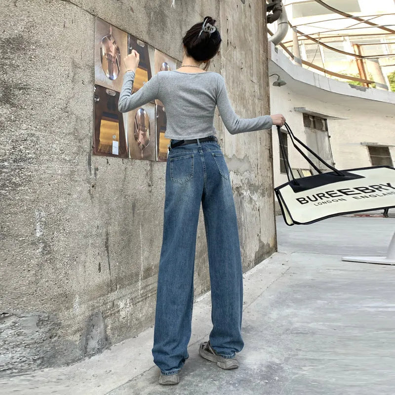 Women's high waist straight leg jeans in retro blue cotton denim fabric