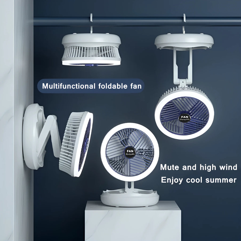 Blue foldable USB desk fan with LED light showing wall mounting bracket and pen holder