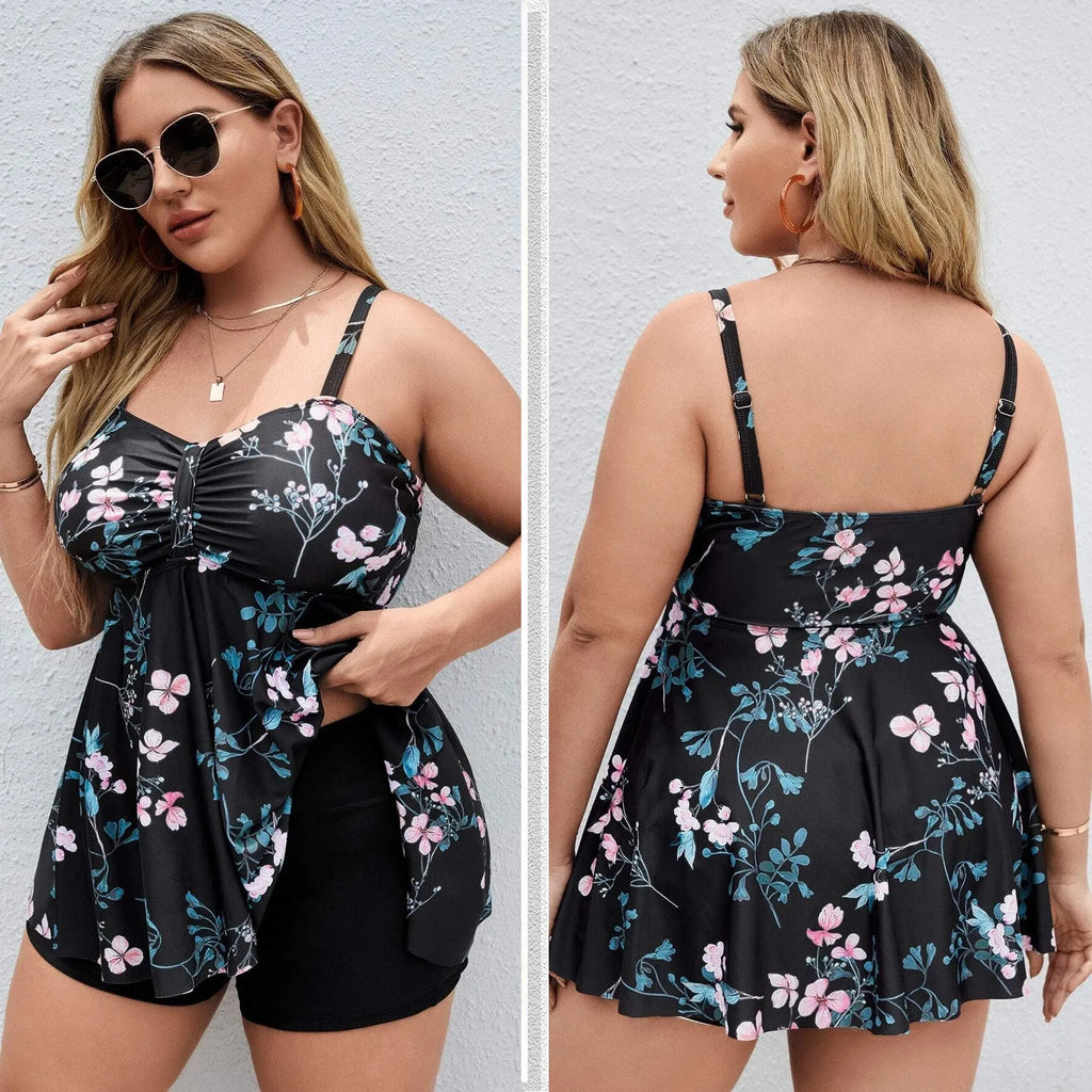 Women's floral print one-piece swimsuit in plus sizes with split-colour design