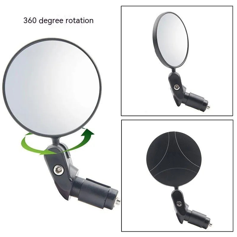 Black foldable convex rearview mirror extended on a table, showing its 7cm diameter and adjustable arm.
