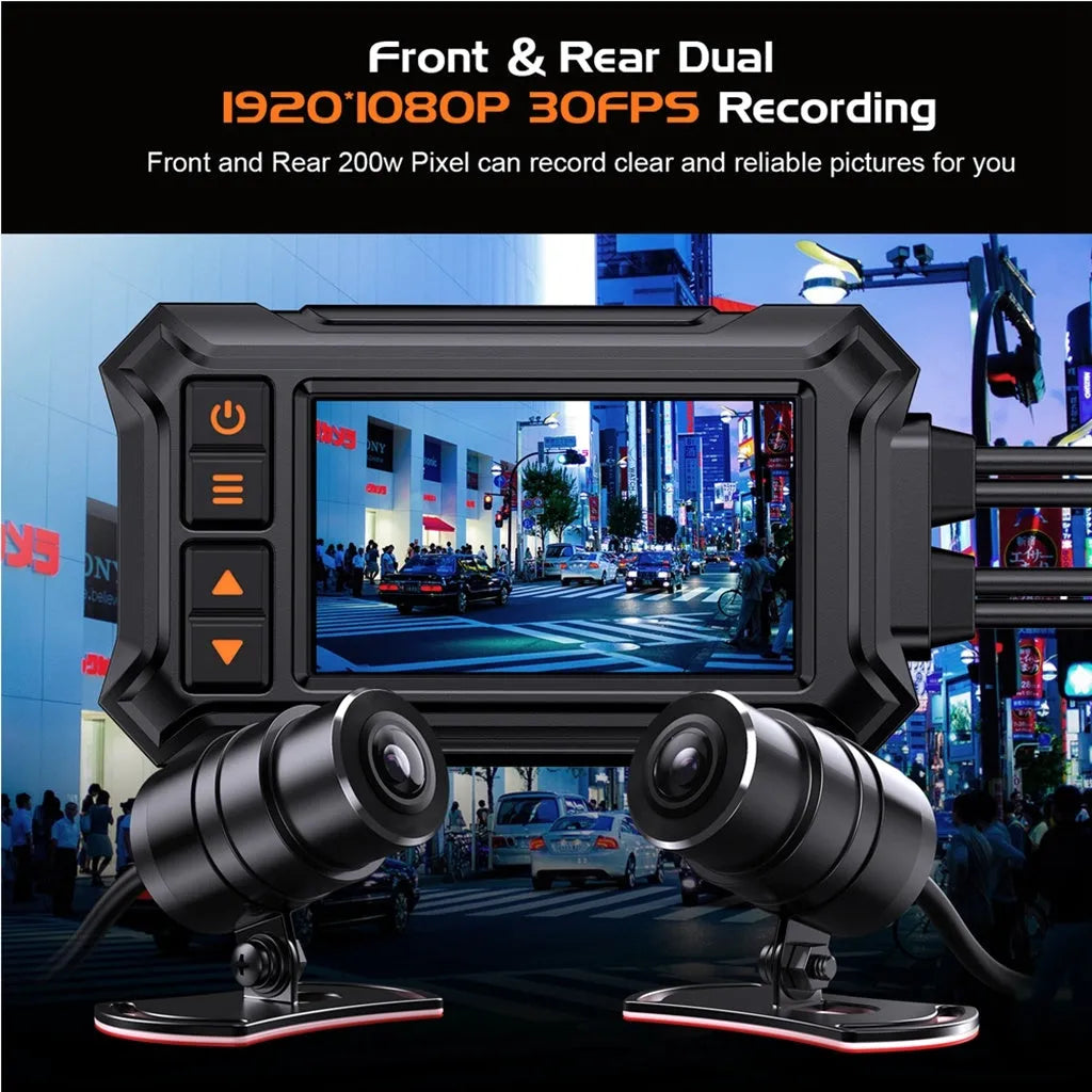 Motorcycle dash cam unit with 3-inch screen, dual lenses, GPS module, and installation cables on a black background.