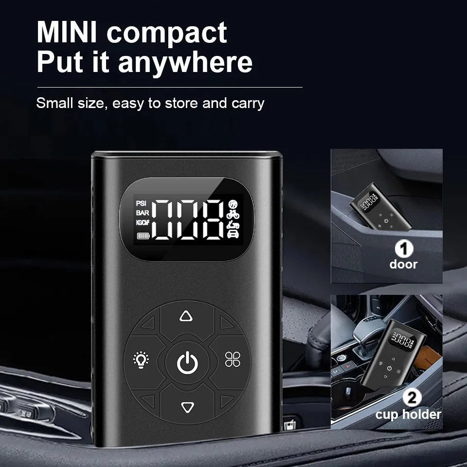 Black M09X portable electric air compressor power bank for car and motorcycle tyre inflation with USB cable
