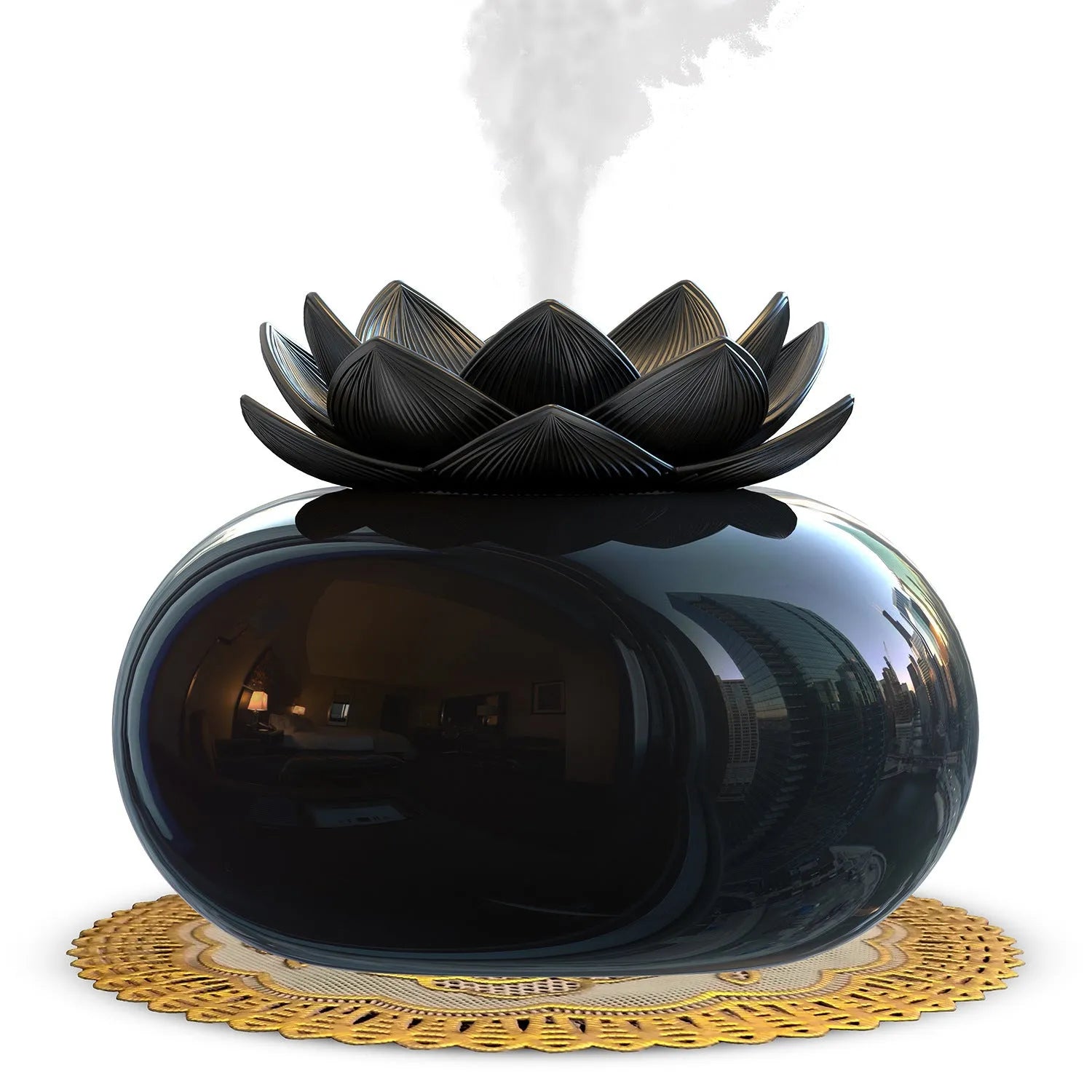 Black round lotus aromatherapy humidifier with USB port for power connection
