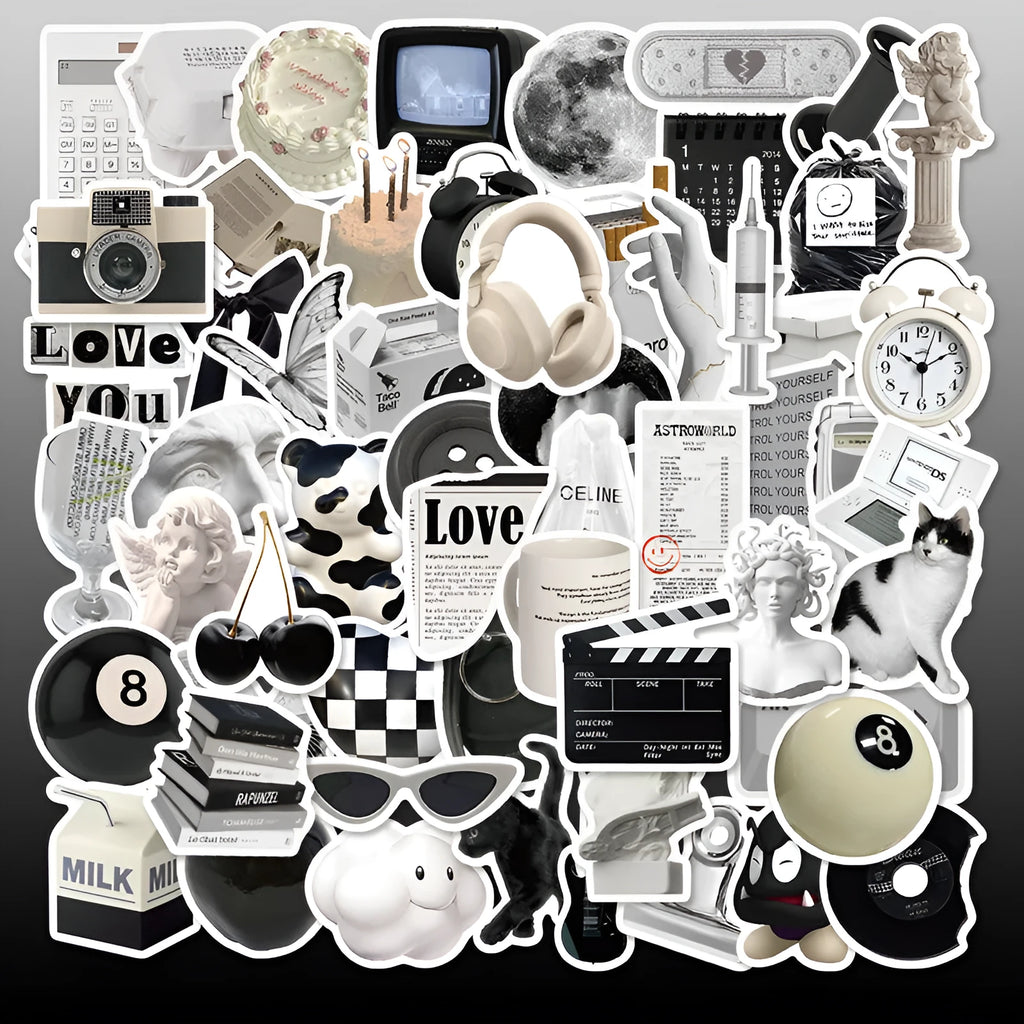 61 piece black and white waterproof PVC sticker set for multiple surfaces