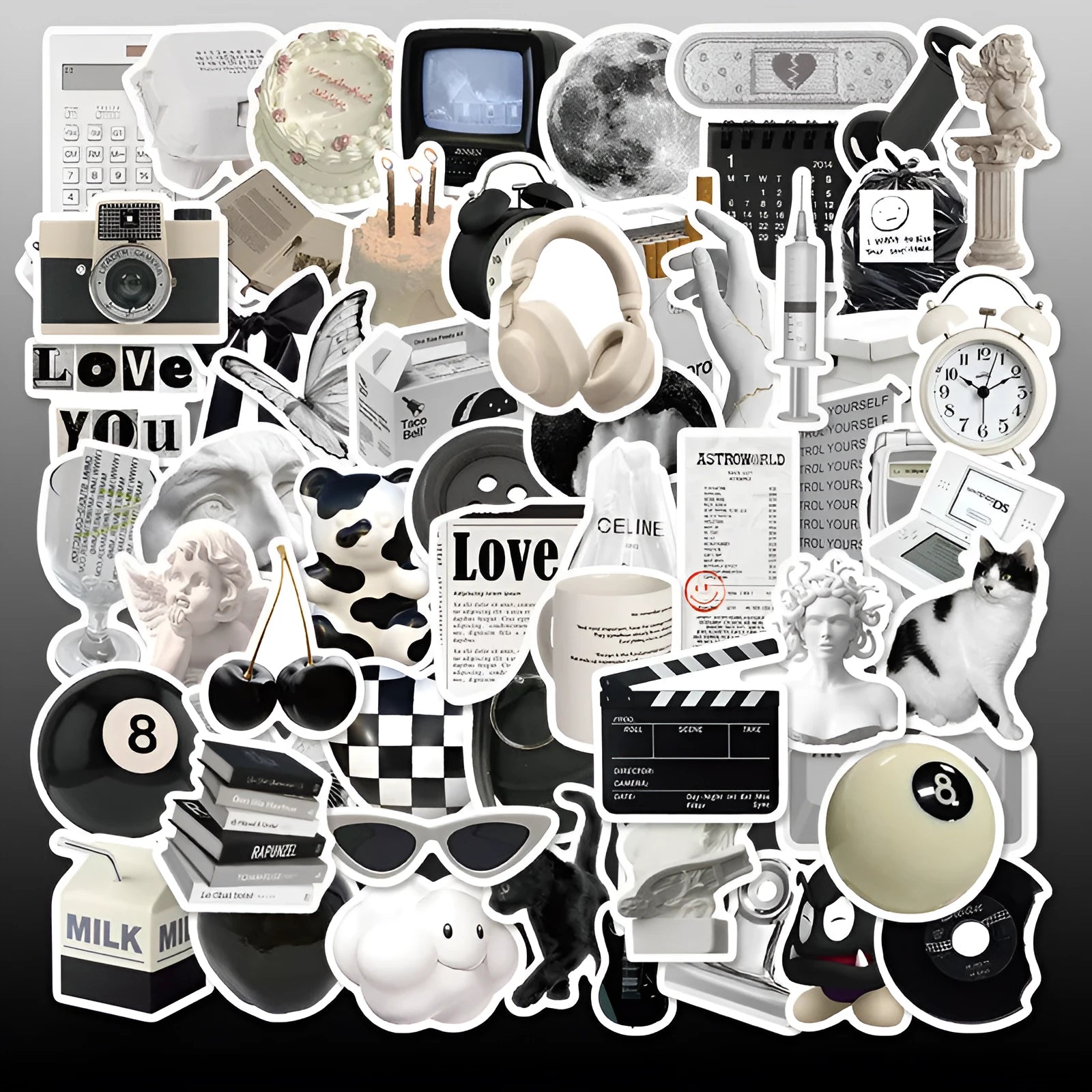 61 piece black and white waterproof PVC sticker set for multiple surfaces