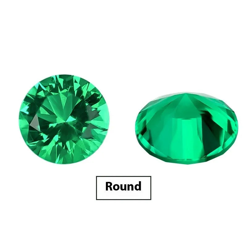 Cultivated emerald gemstone in Columbia green treasure colour showing round and grandmother cut size options