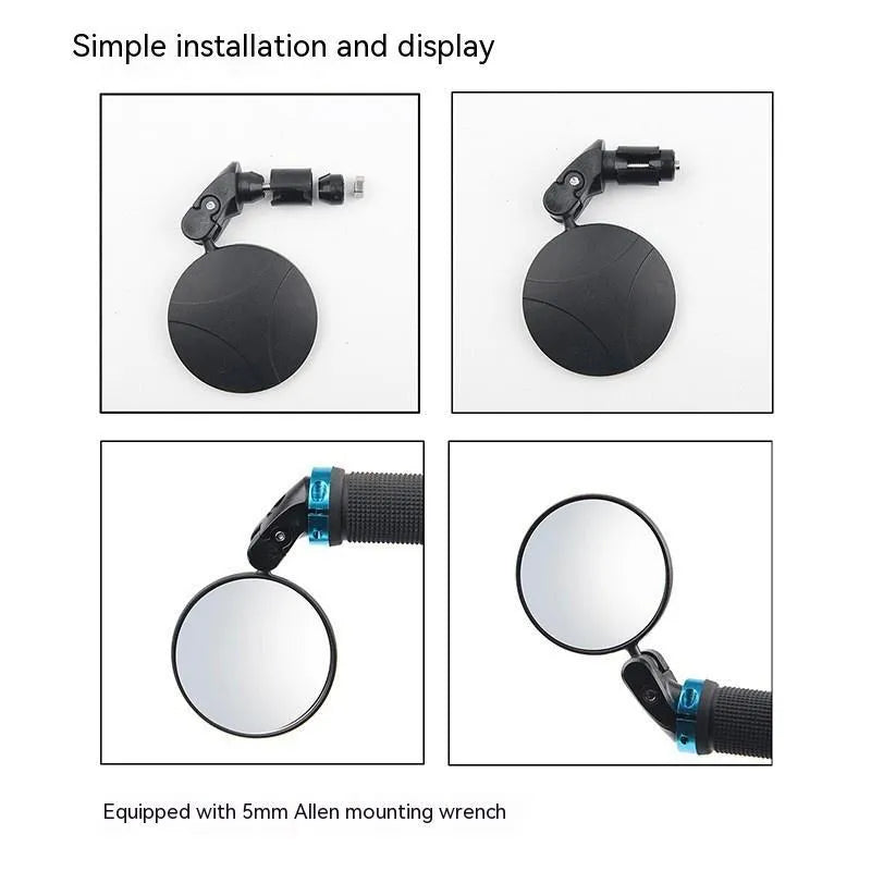 Black foldable convex rearview mirror extended on a table, showing its 7cm diameter and adjustable arm.