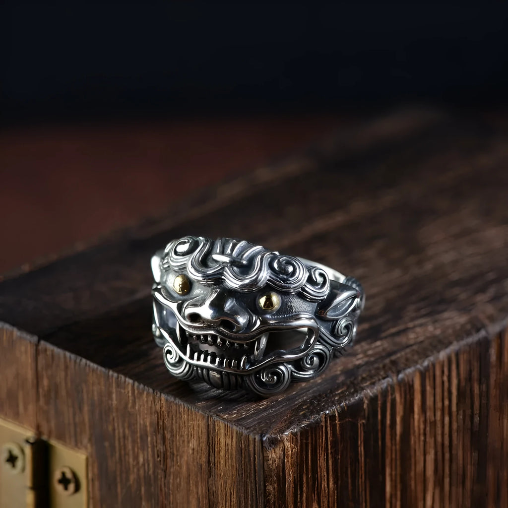 Silver open style ring with retro animal zodiac pattern and adjustable band for unisex wear