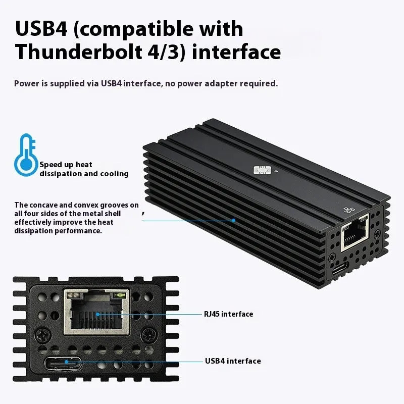 Black Leyu USB4 to 10 Gigabit Ethernet adapter with RJ45 port and cable for Thunderbolt 3 and 4 laptops