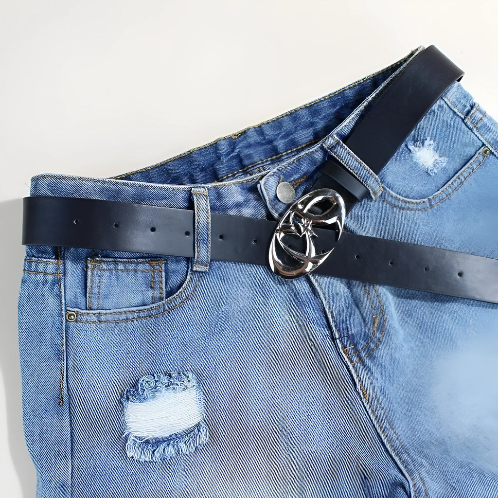 Silver buckle on a casual PU leather belt with snap button closure.