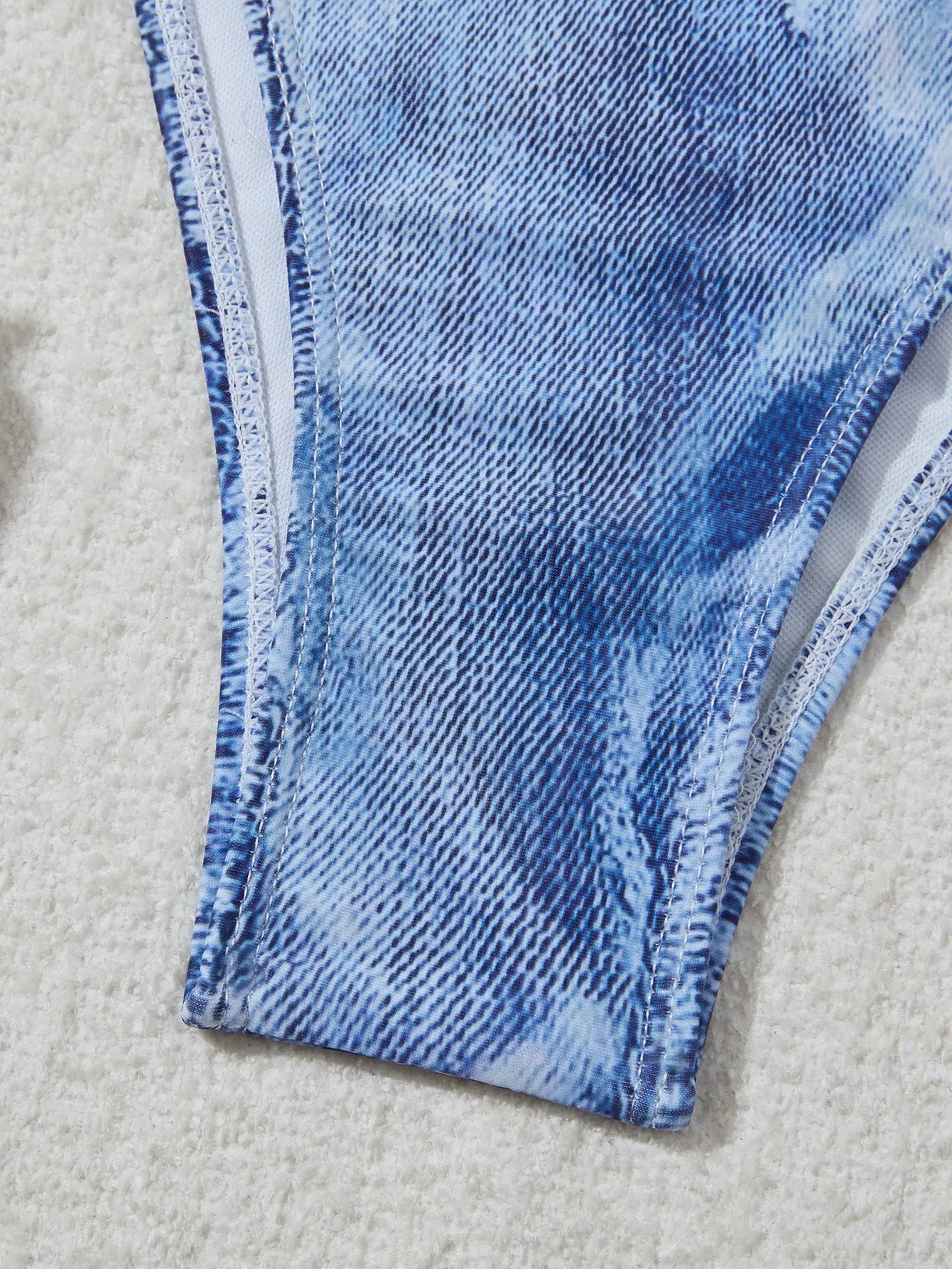 Women's denim blue print bikini set with strap detailing on polyester blend fabric