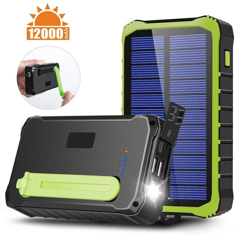Green portable solar power bank with hand crank and 12000mAh capacity