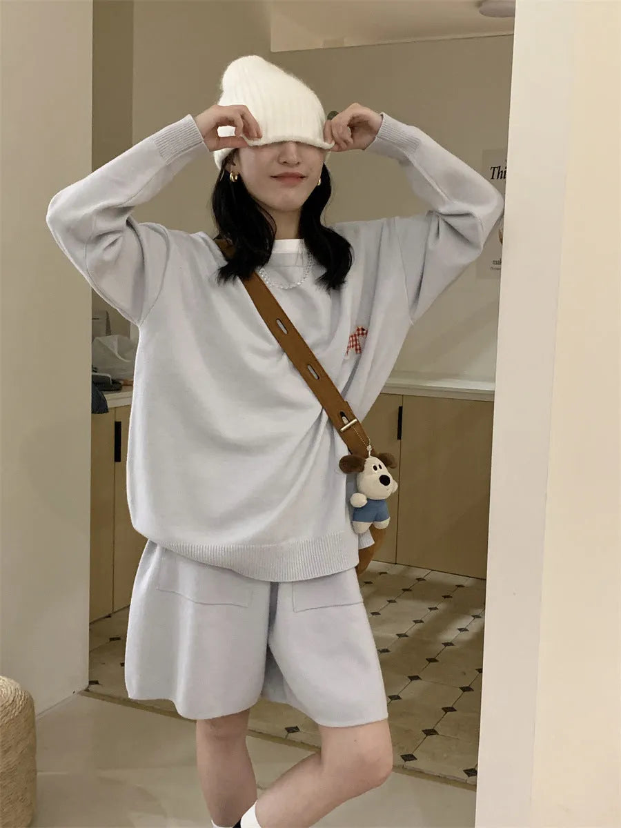 Women's knitted sweater shorts suit with embroidery detail in milk blue colour